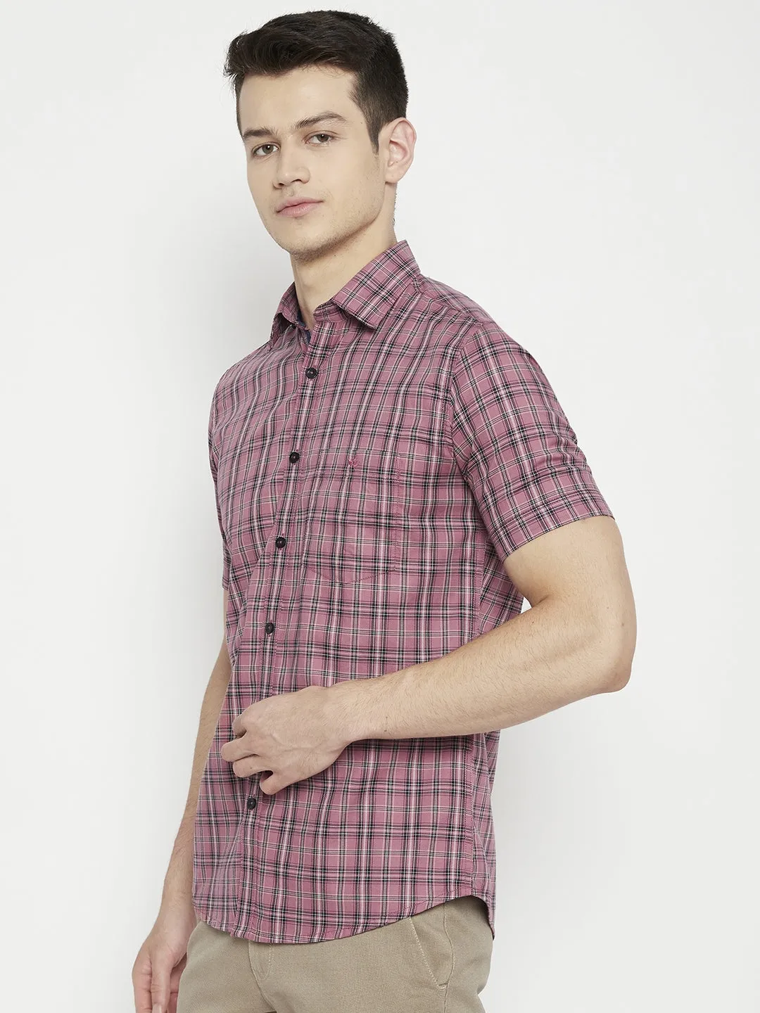 Peach Checked Slim Fit shirt