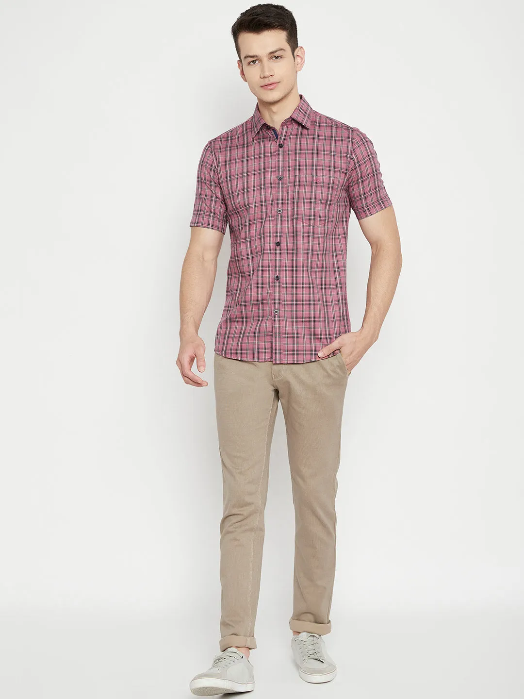 Peach Checked Slim Fit shirt