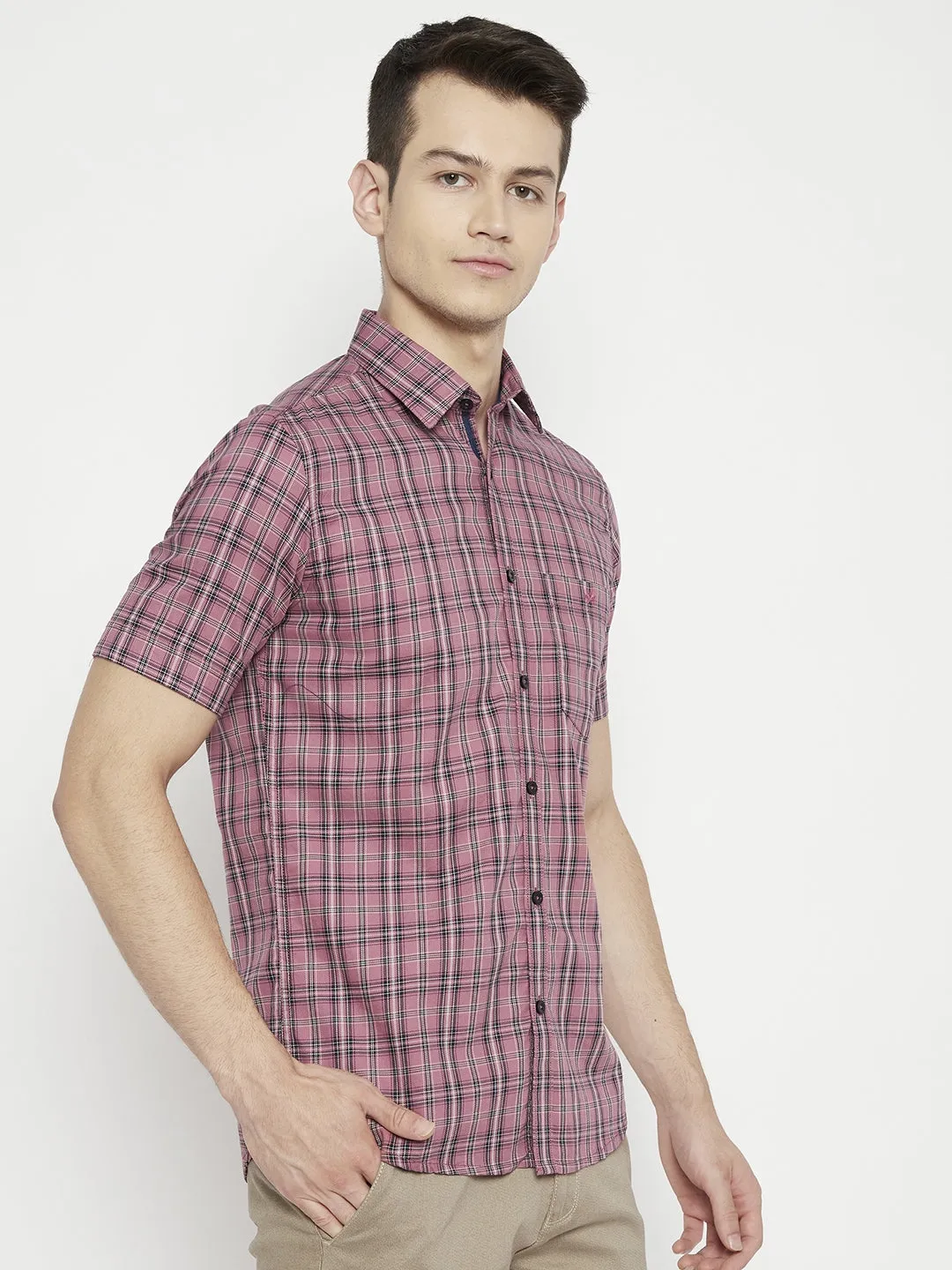 Peach Checked Slim Fit shirt