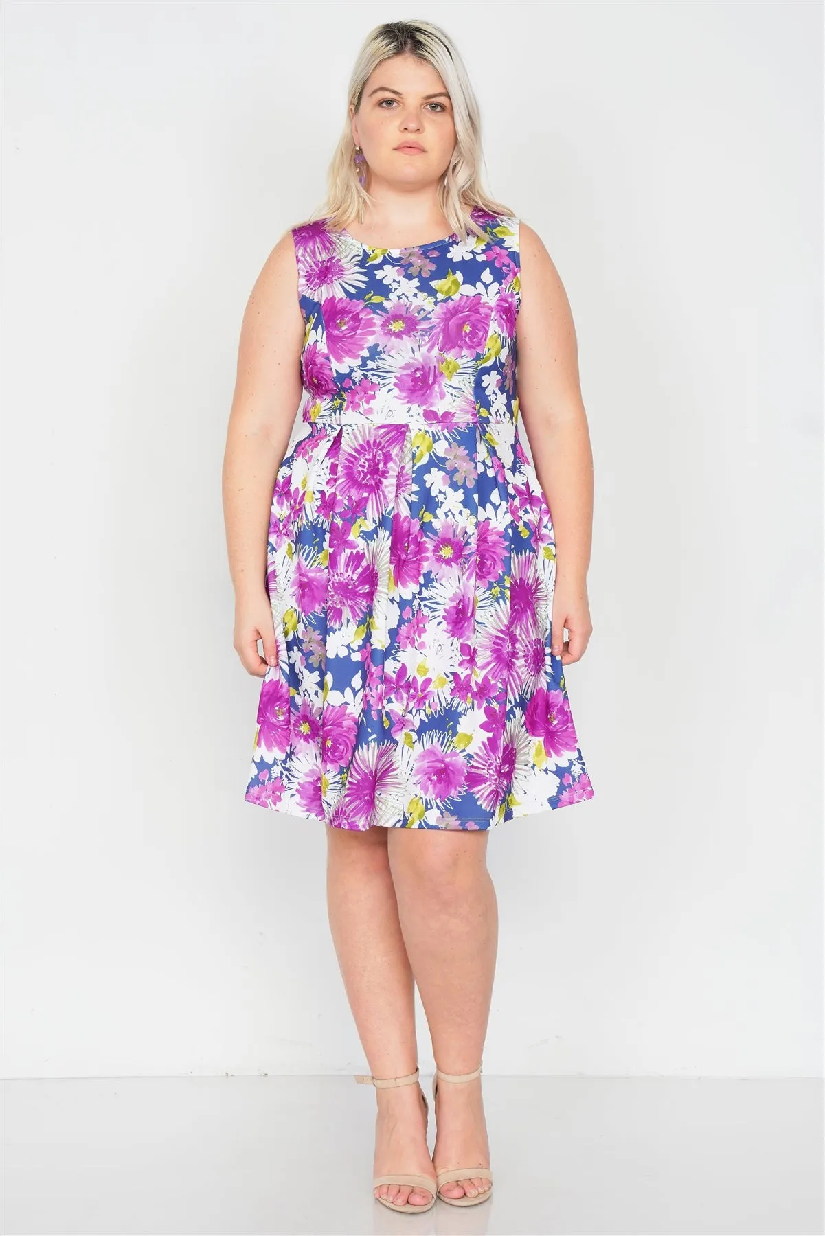 Plus Size Purple Navy Watercolor Floral Print Casual Midi Dress