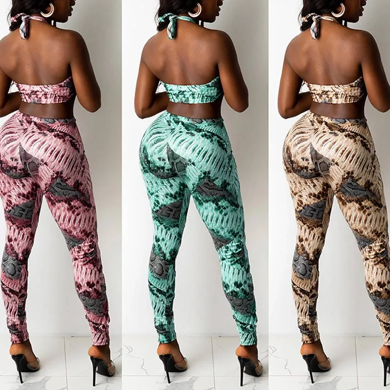 Print Halter Tube Top & Cut Out Pants Set