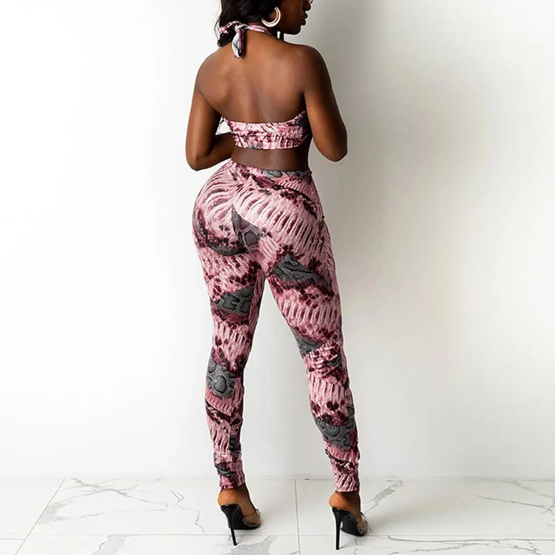 Print Halter Tube Top & Cut Out Pants Set