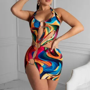 Print Irregular One Piece Bikini Swimwear