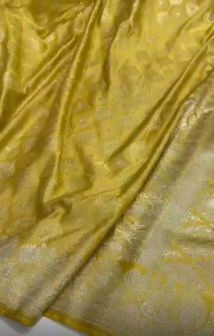 Pure Mashru Silver Zari Work Satin Silk Designer Golden Saree
