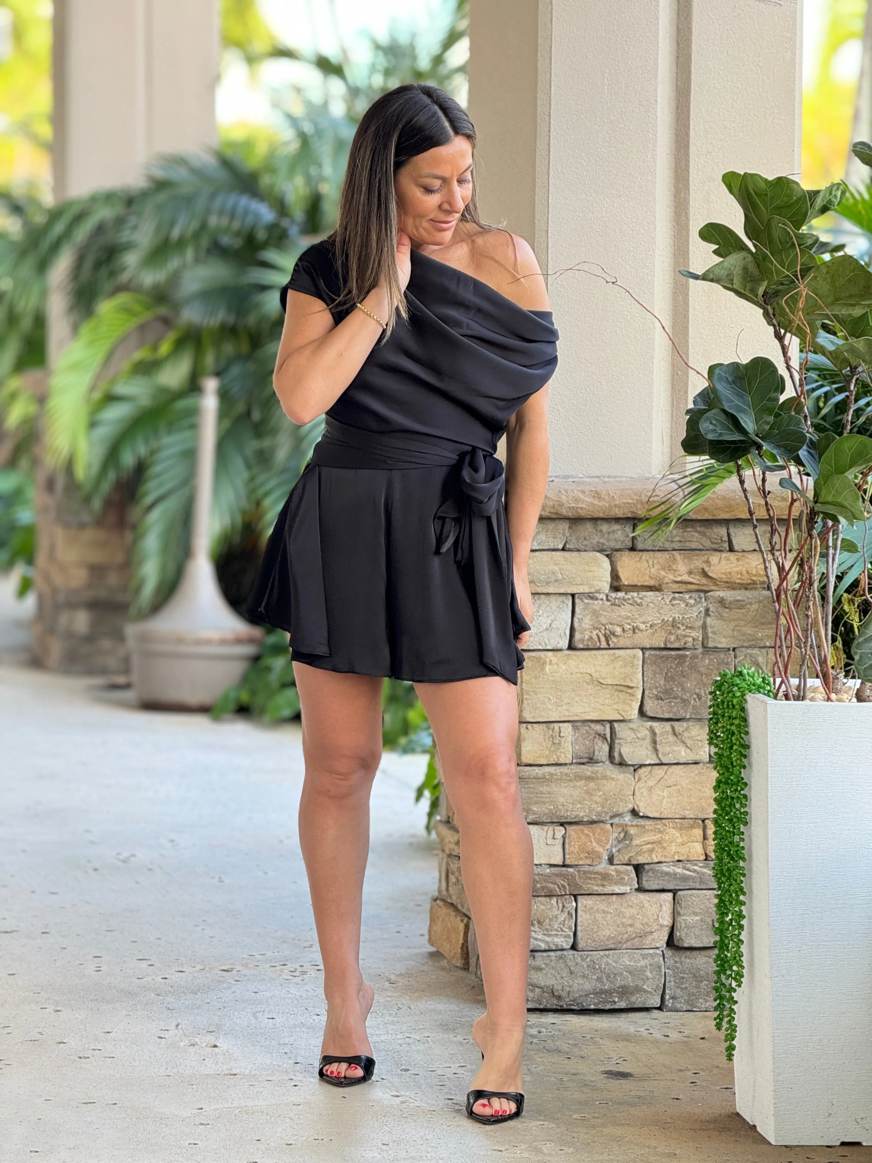 "Briana" Satin Off The Shoulder Drape Romper