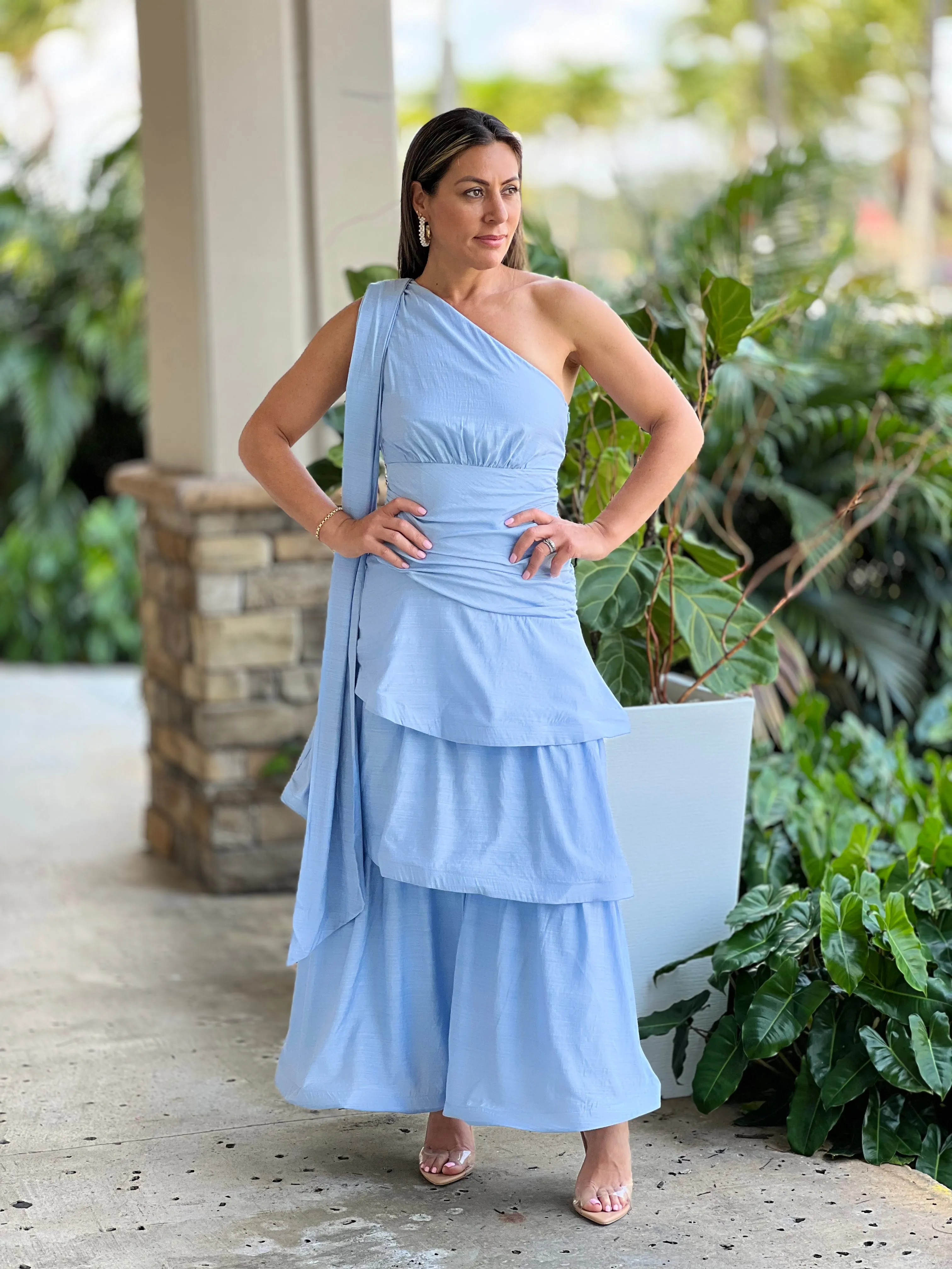 "Kelsie" One Shoulder Tiered Skirt Maxi Dress Wth Ruched Details