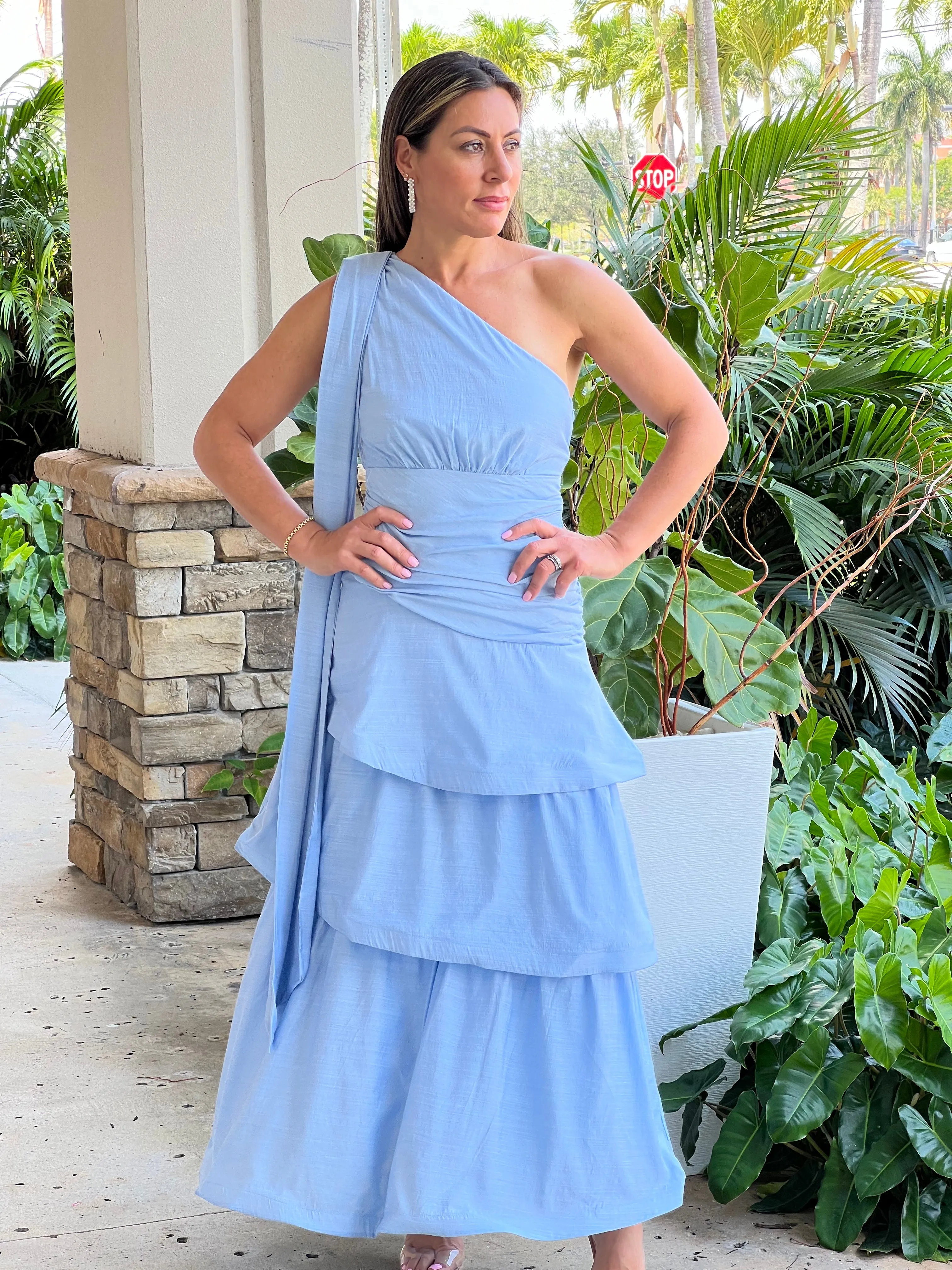 "Kelsie" One Shoulder Tiered Skirt Maxi Dress Wth Ruched Details