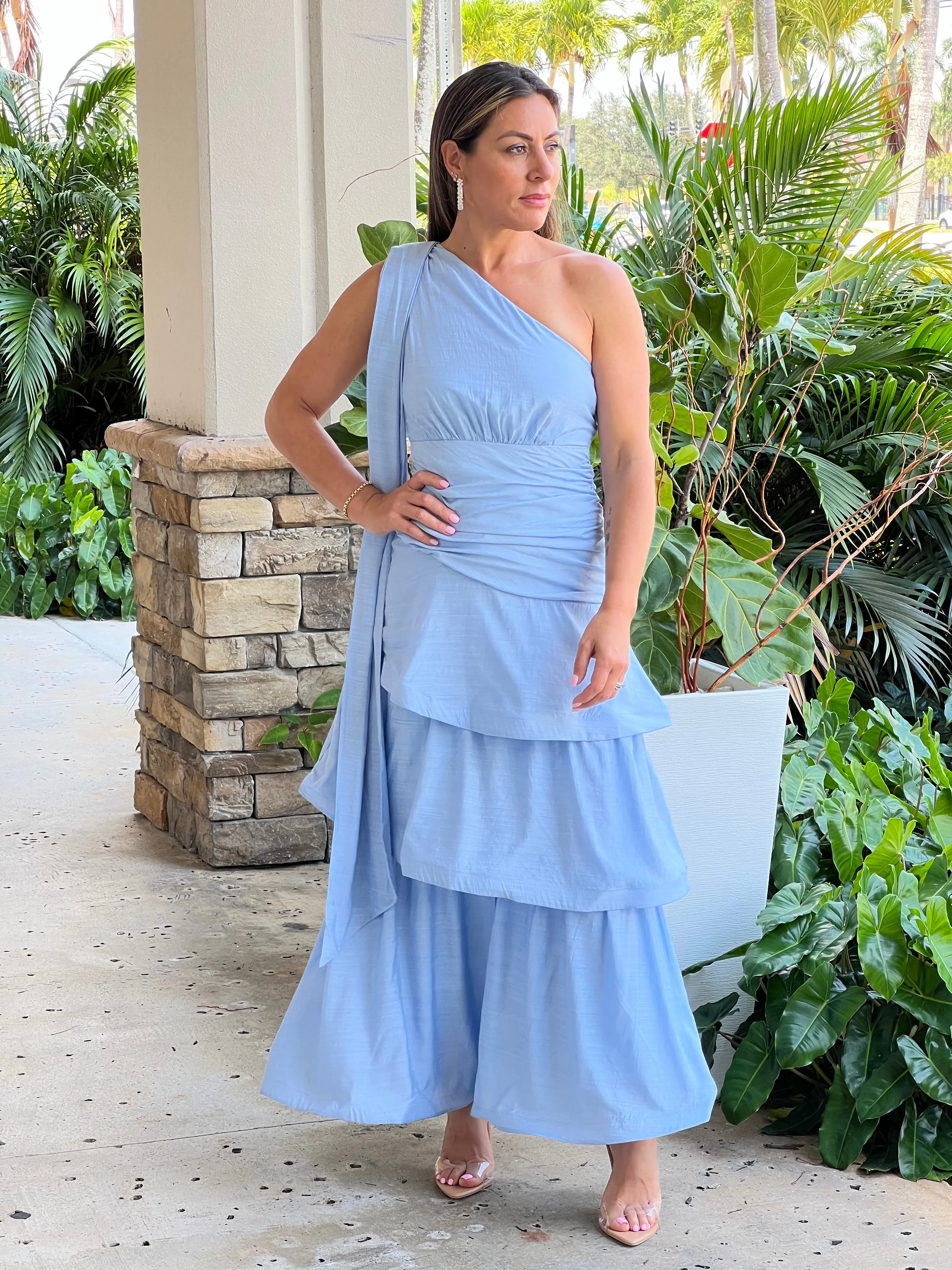 "Kelsie" One Shoulder Tiered Skirt Maxi Dress Wth Ruched Details