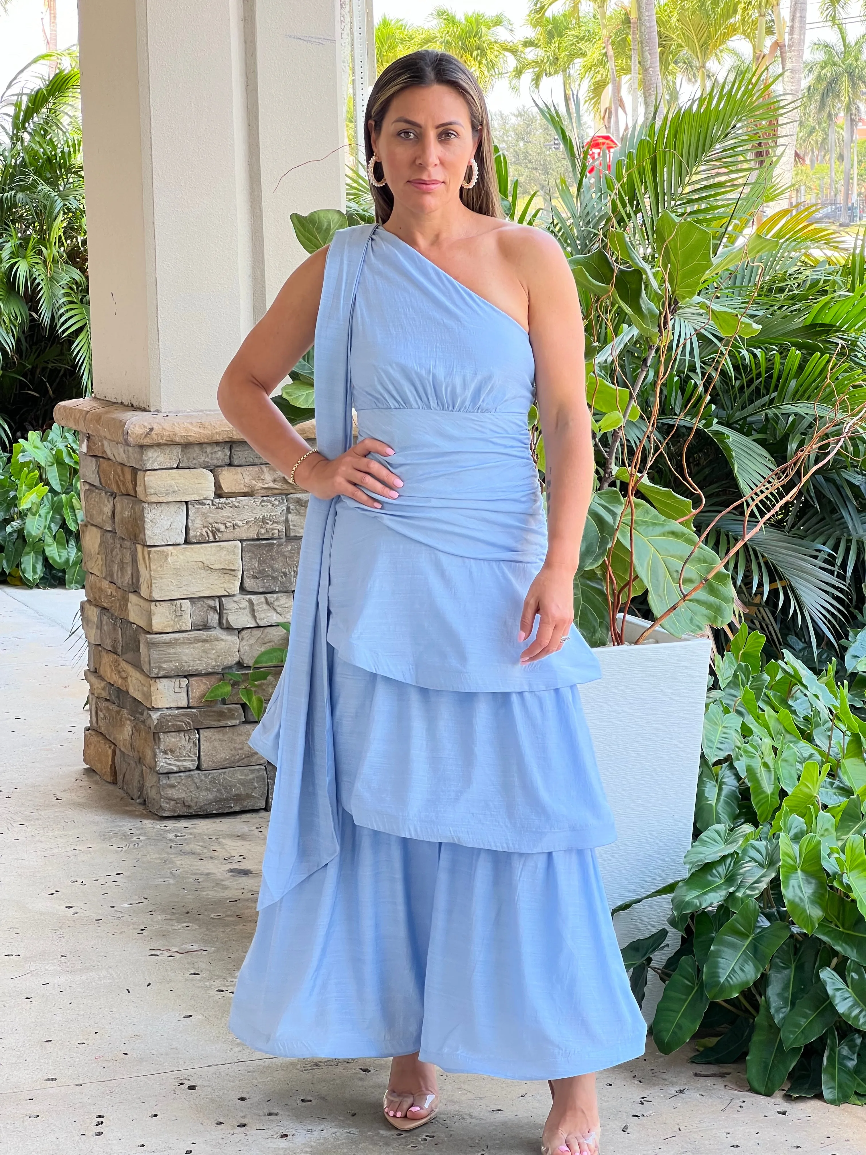 "Kelsie" One Shoulder Tiered Skirt Maxi Dress Wth Ruched Details
