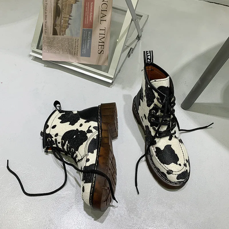 Retro Cow Lace Up Round Toe Boots UB3171