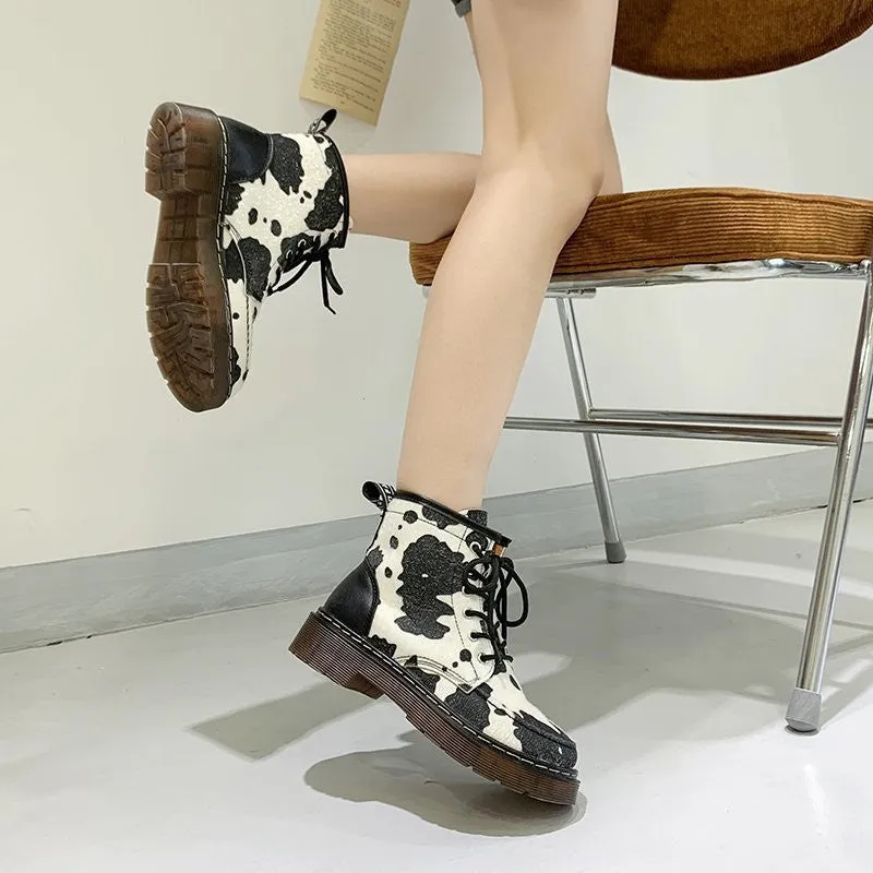 Retro Cow Lace Up Round Toe Boots UB3171