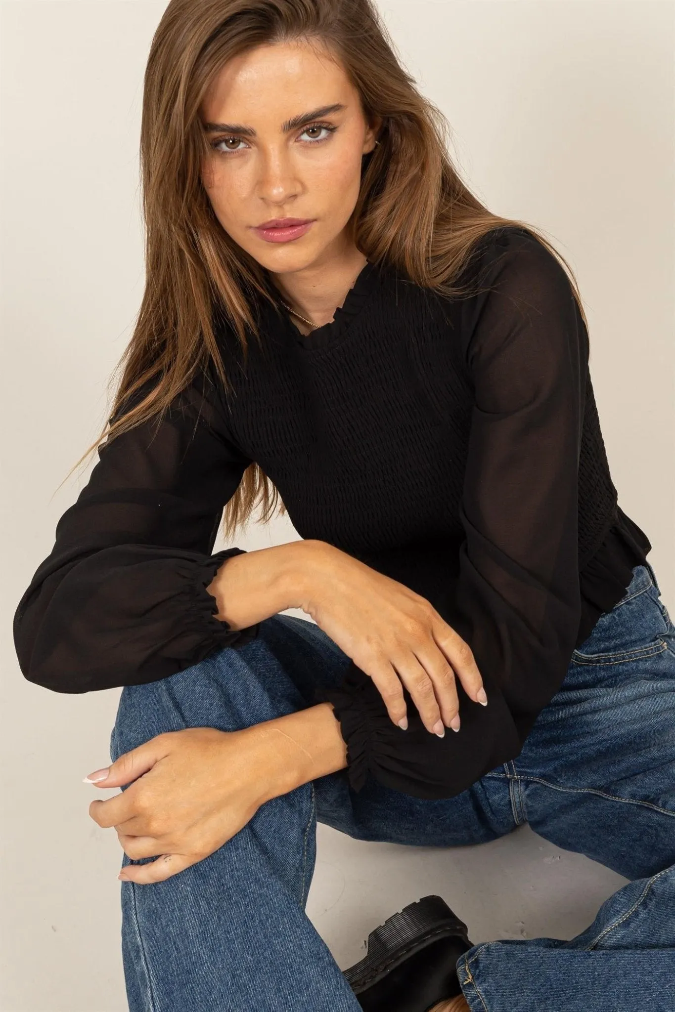 Round Neck Peplum Top with Sheer Sleeve
