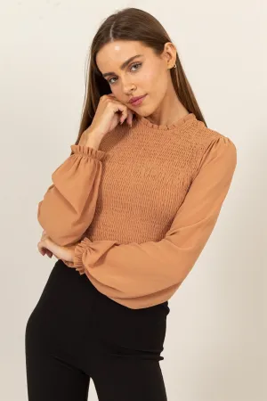 Round Neck Peplum Top with Sheer Sleeve