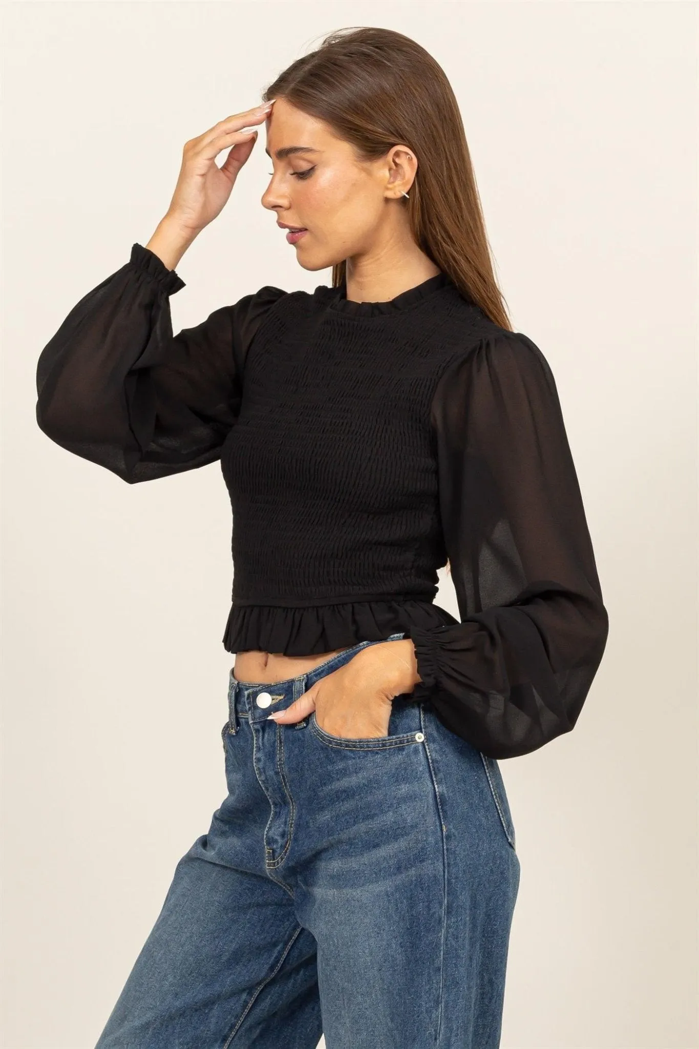 Round Neck Peplum Top with Sheer Sleeve