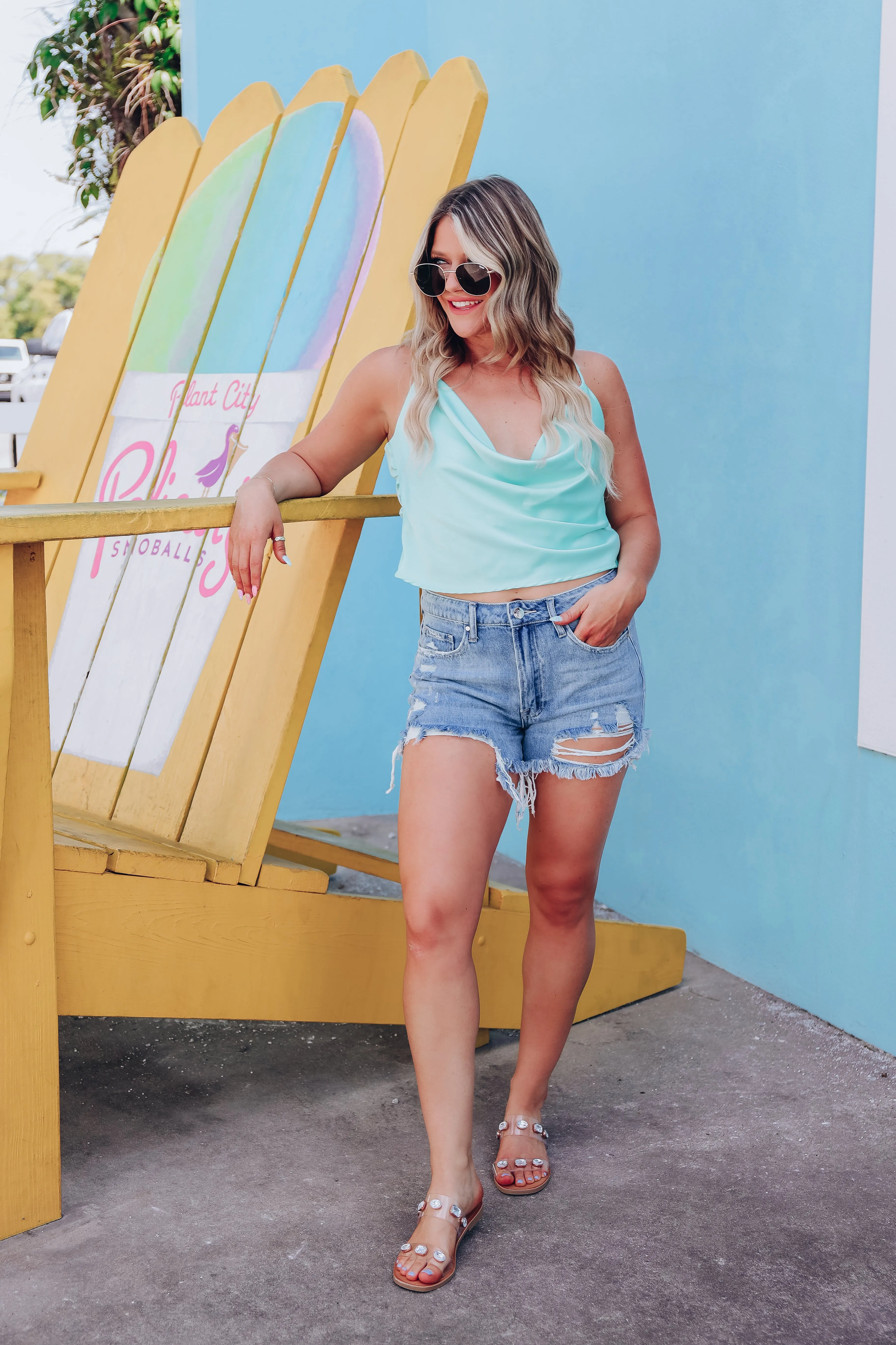 Sassy Side Satin Crop Top - Aqua