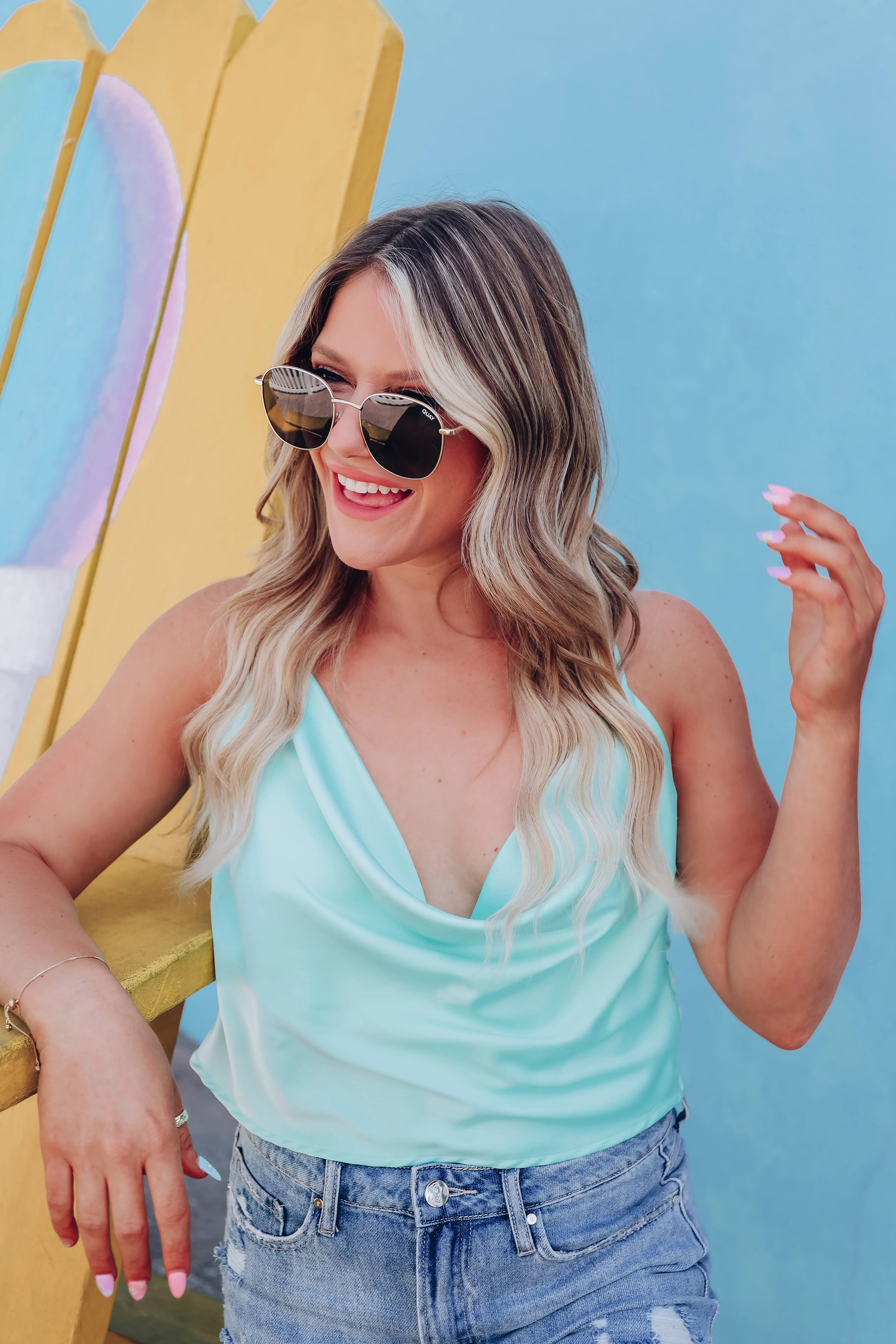 Sassy Side Satin Crop Top - Aqua