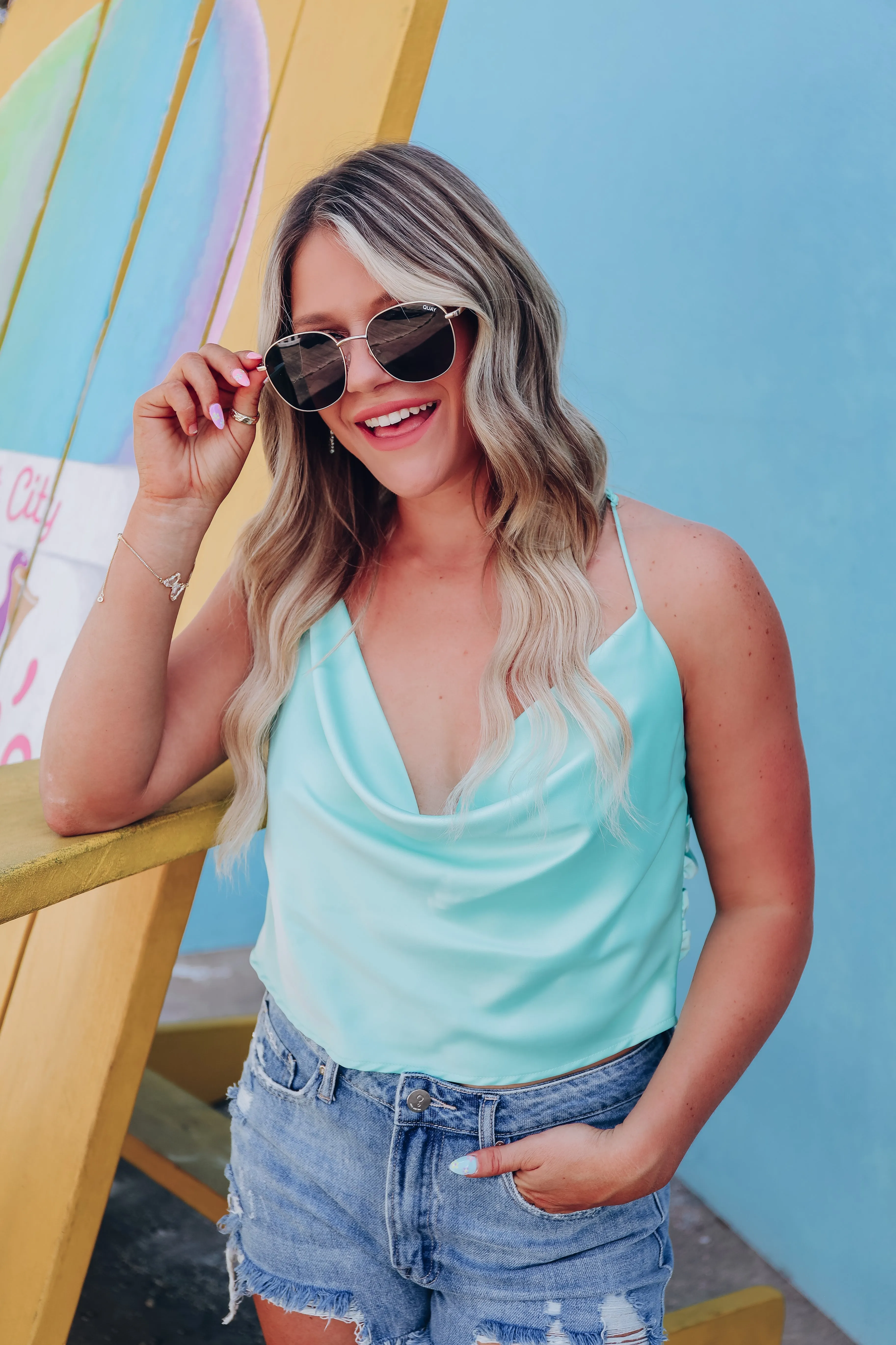 Sassy Side Satin Crop Top - Aqua