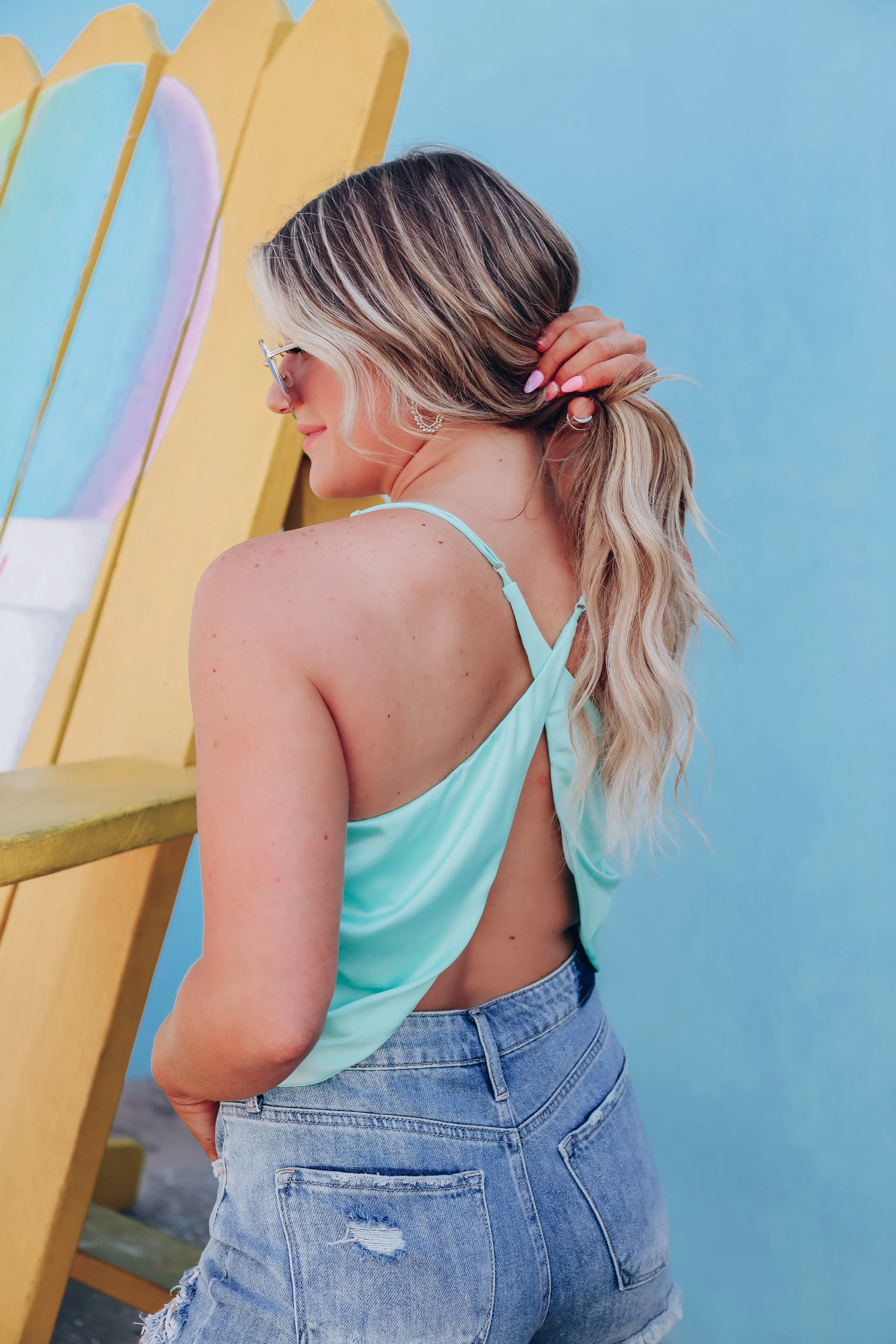 Sassy Side Satin Crop Top - Aqua