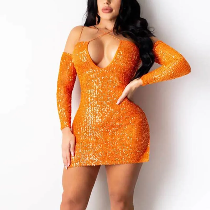 Sequins Deep V-Neck Split Bodycon Dress