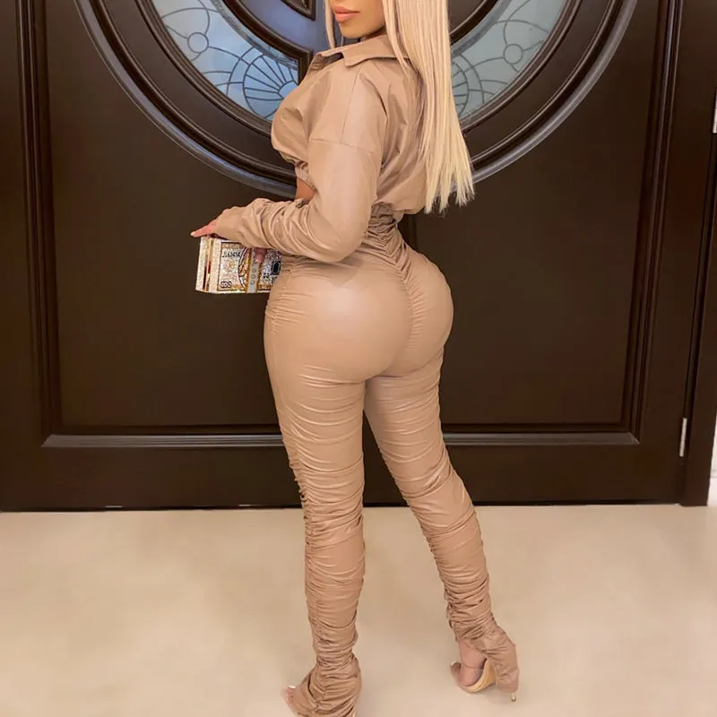 Sexy PU V-Neck Stacket Long Sleeve Top & High Waist Skinny Pants Set