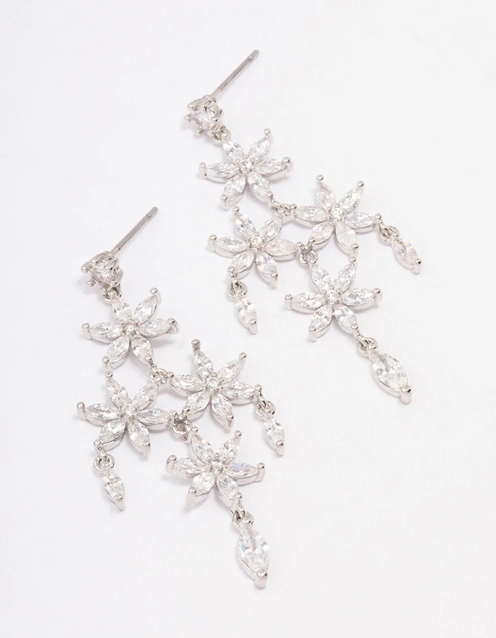 Silver Cubic Zirconia  Flower Chandelier Drop Earrings