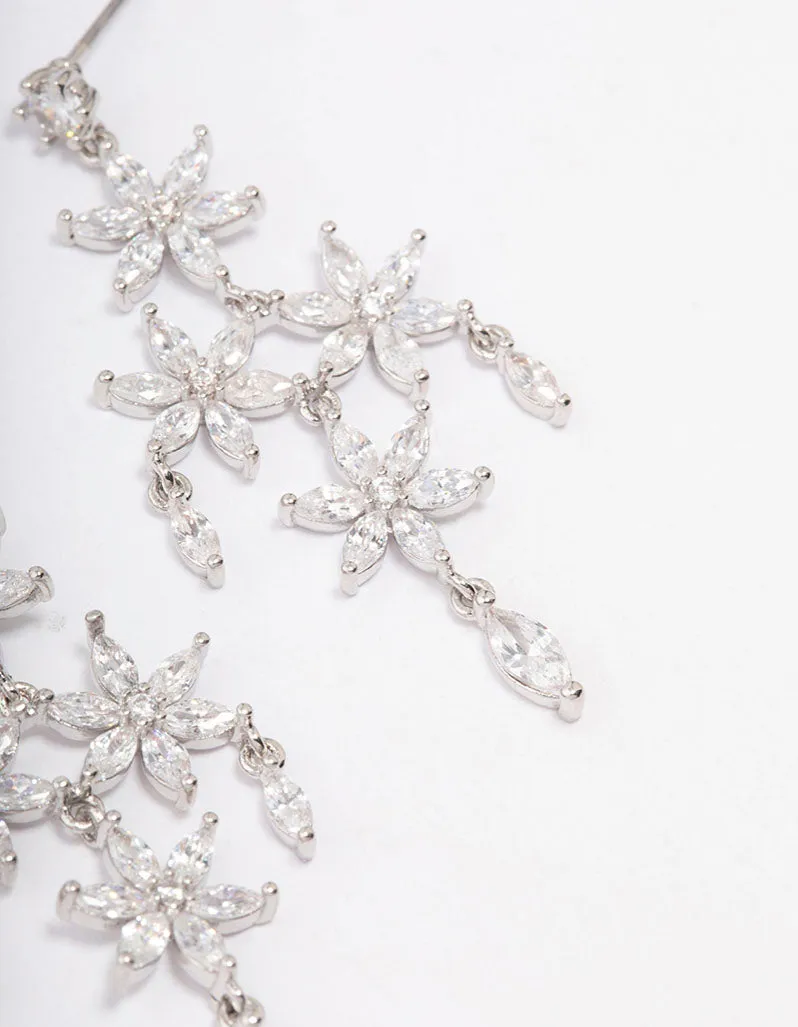 Silver Cubic Zirconia  Flower Chandelier Drop Earrings
