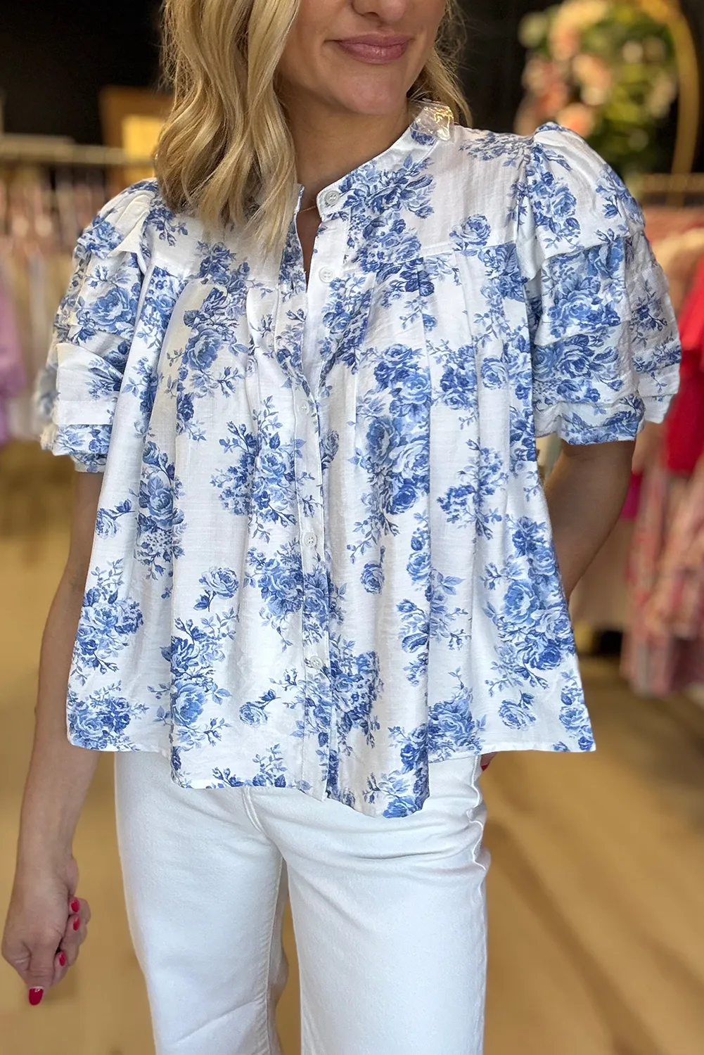 Sky Blue Floral Pleated Puff Sleeve Button Up Casual Shirt
