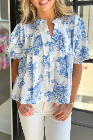 Sky Blue Floral Pleated Puff Sleeve Button Up Casual Shirt