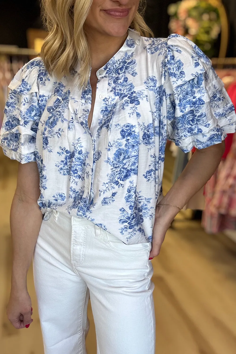 Sky Blue Floral Pleated Puff Sleeve Button Up Casual Shirt