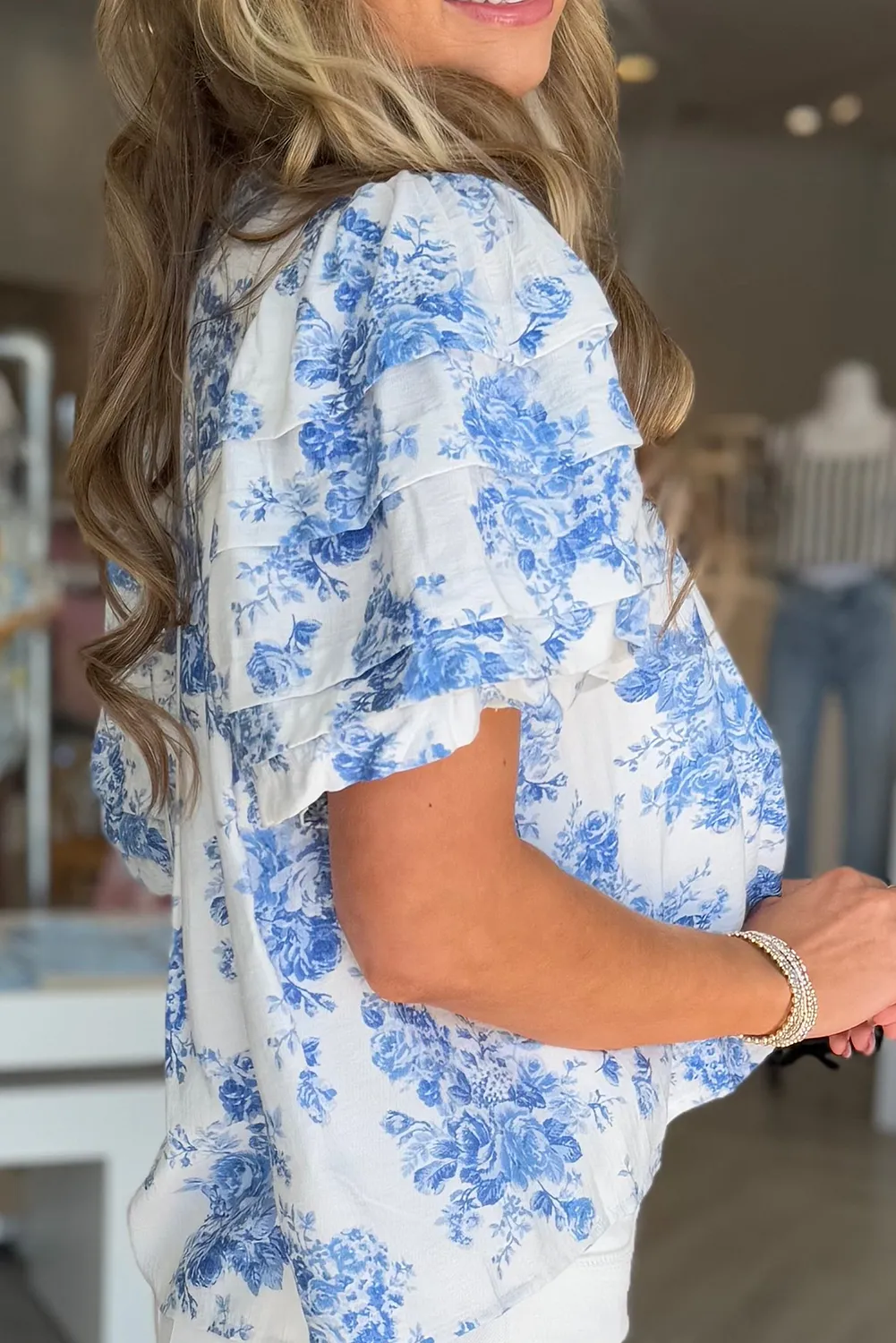 Sky Blue Floral Pleated Puff Sleeve Button Up Casual Shirt