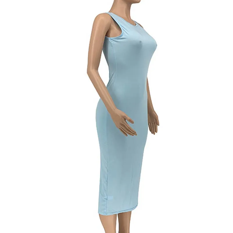 Solid Sleeveless Casual Midi Dress