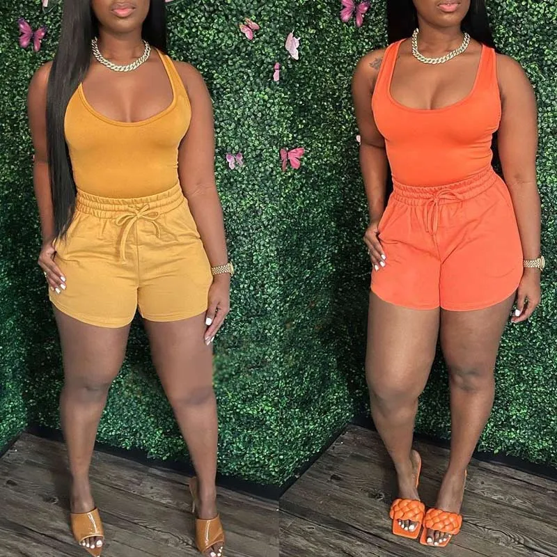 Solid Sleeveless Tank Top & Drawstring Shorts Set