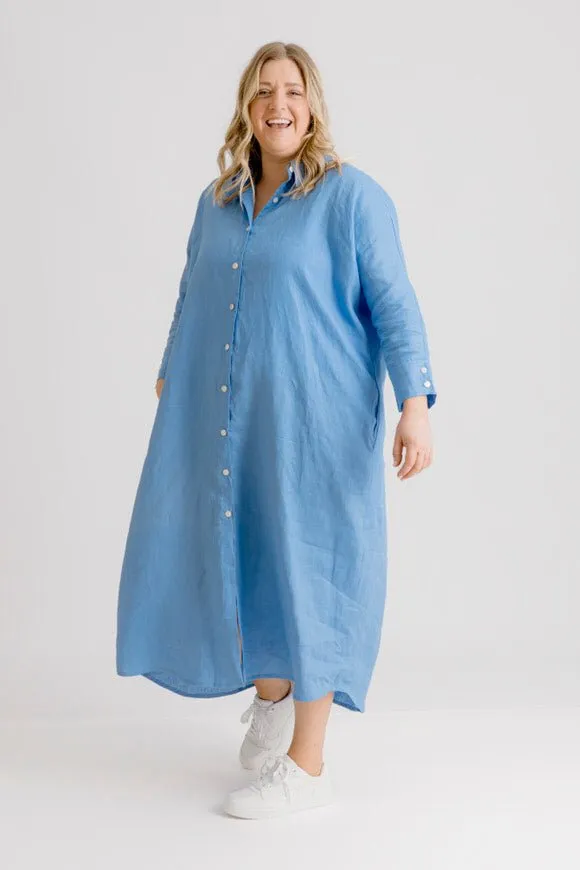 St Tropez Linen Shirt Dress - Cornflower Blue