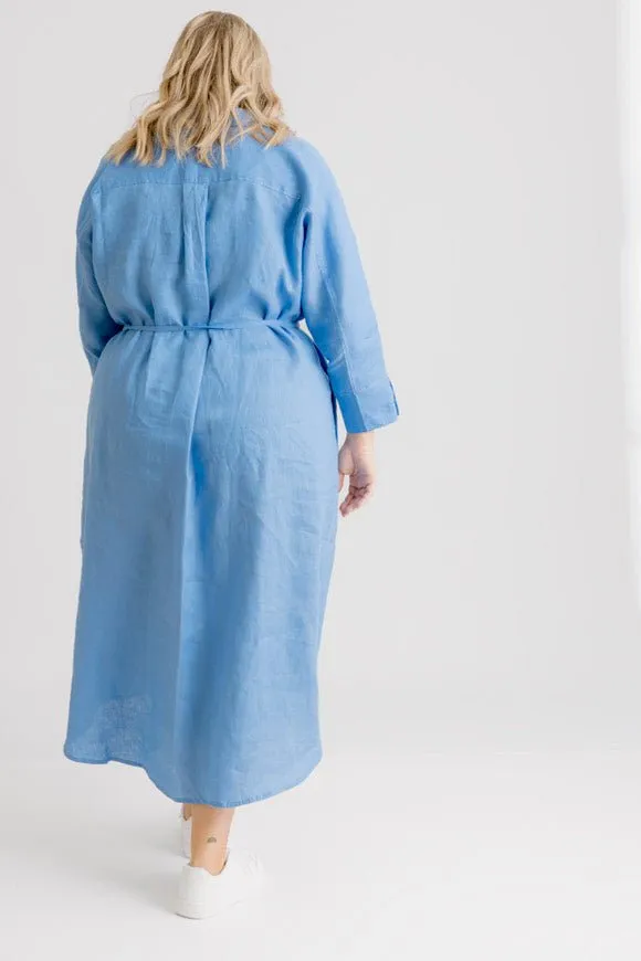 St Tropez Linen Shirt Dress - Cornflower Blue