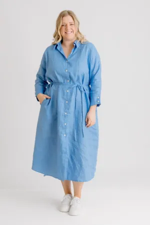 St Tropez Linen Shirt Dress - Cornflower Blue
