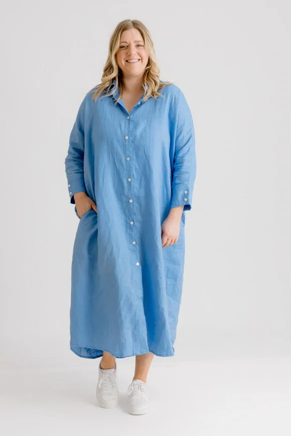 St Tropez Linen Shirt Dress - Cornflower Blue