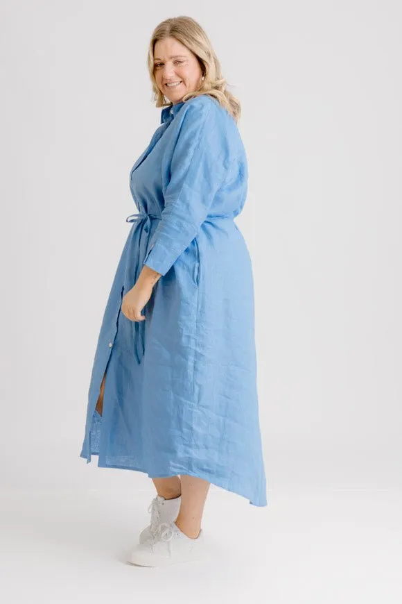 St Tropez Linen Shirt Dress - Cornflower Blue