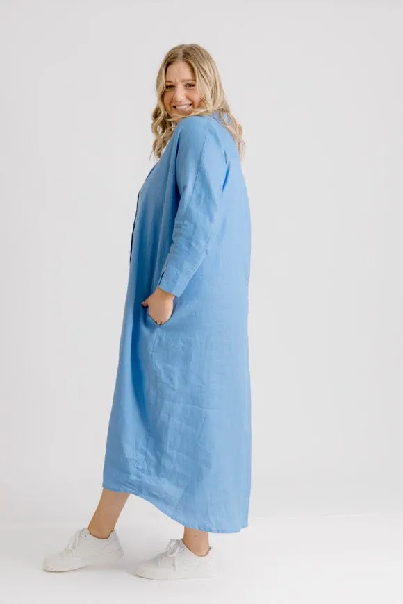 St Tropez Linen Shirt Dress - Cornflower Blue
