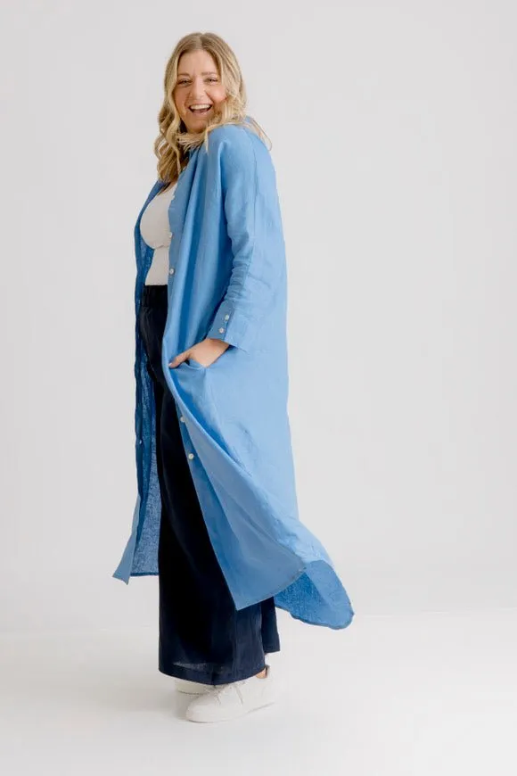 St Tropez Linen Shirt Dress - Cornflower Blue