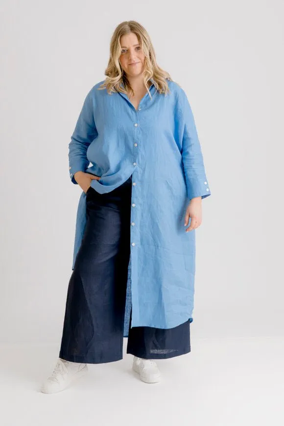 St Tropez Linen Shirt Dress - Cornflower Blue