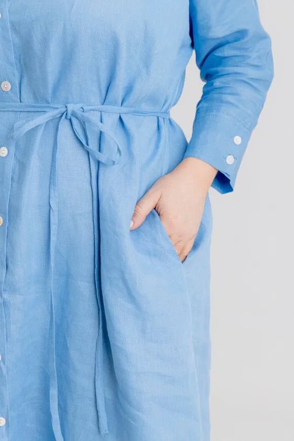 St Tropez Linen Shirt Dress - Cornflower Blue
