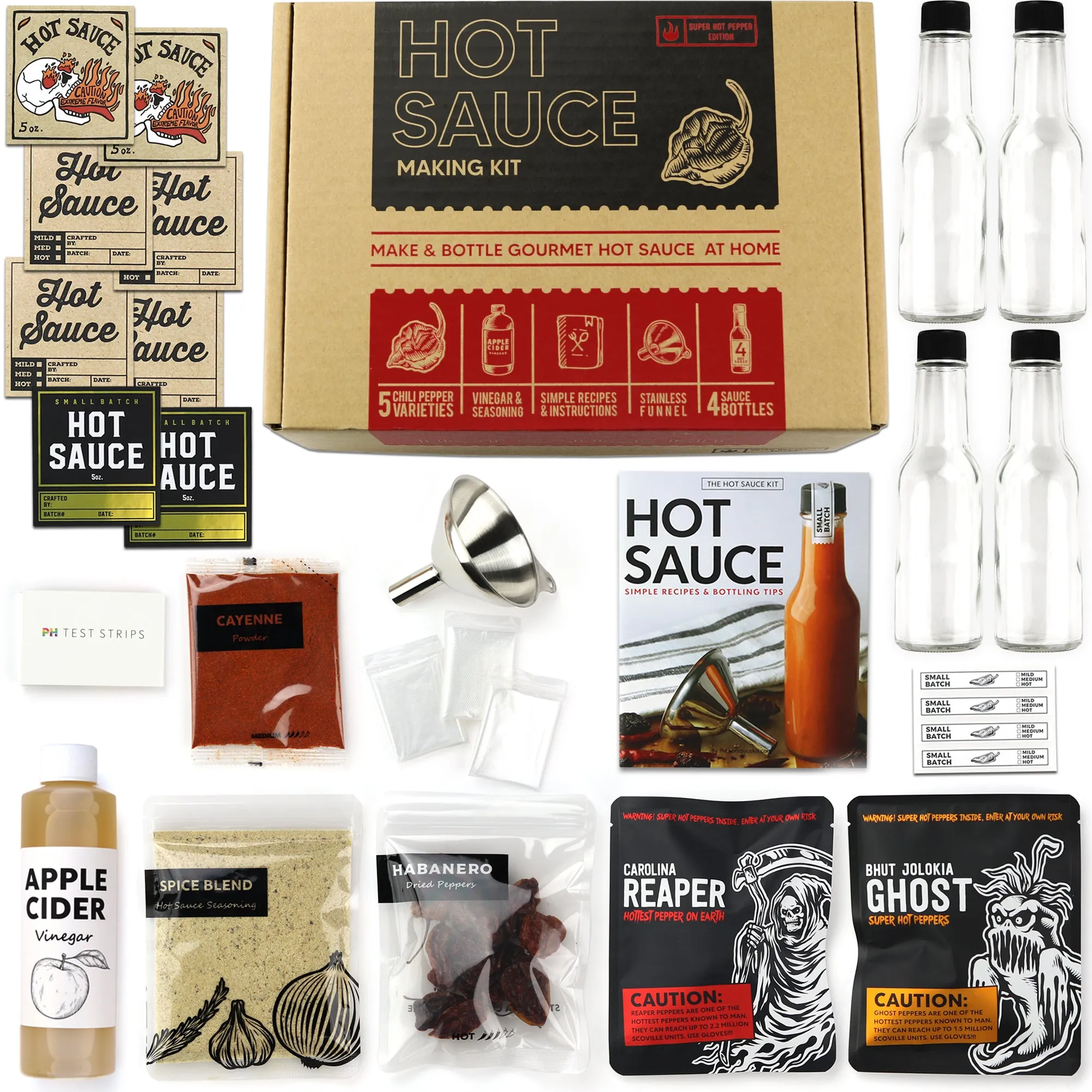 Super Hot Carolina Reaper Hot Sauce Kit, 5 Peppers, 4 Bottles, Makes up to 14 Gourmet Bottles (Super Hot Kit)