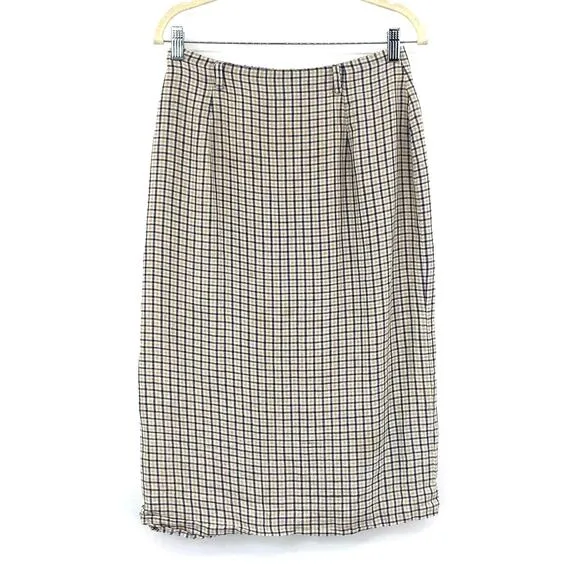 Talbots Linen Midi Pencil Skirt Size 10P Womens Brown Blue Back Split Career