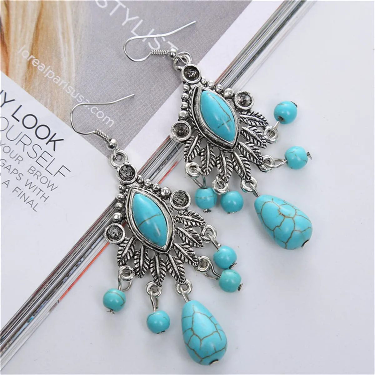 Turquoise & Silver-Plated Marquise Drop Earrings
