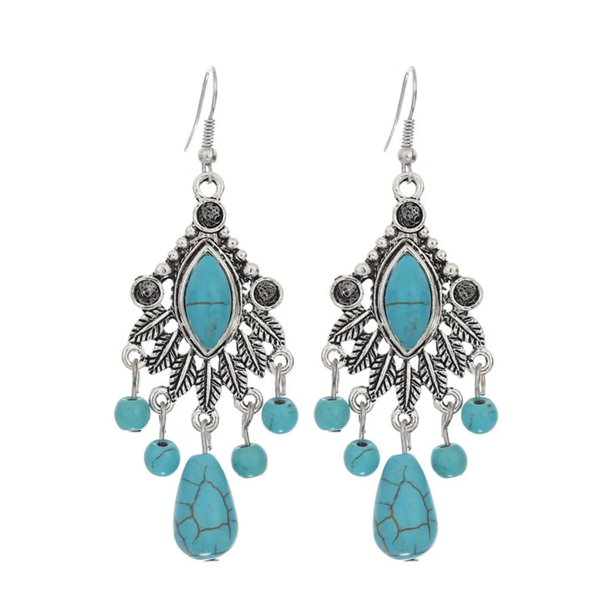 Turquoise & Silver-Plated Marquise Drop Earrings