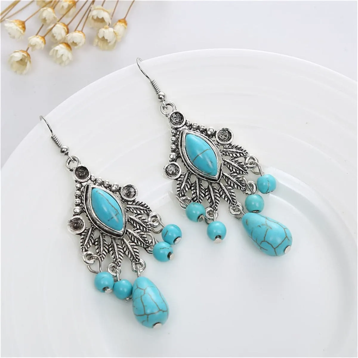 Turquoise & Silver-Plated Marquise Drop Earrings