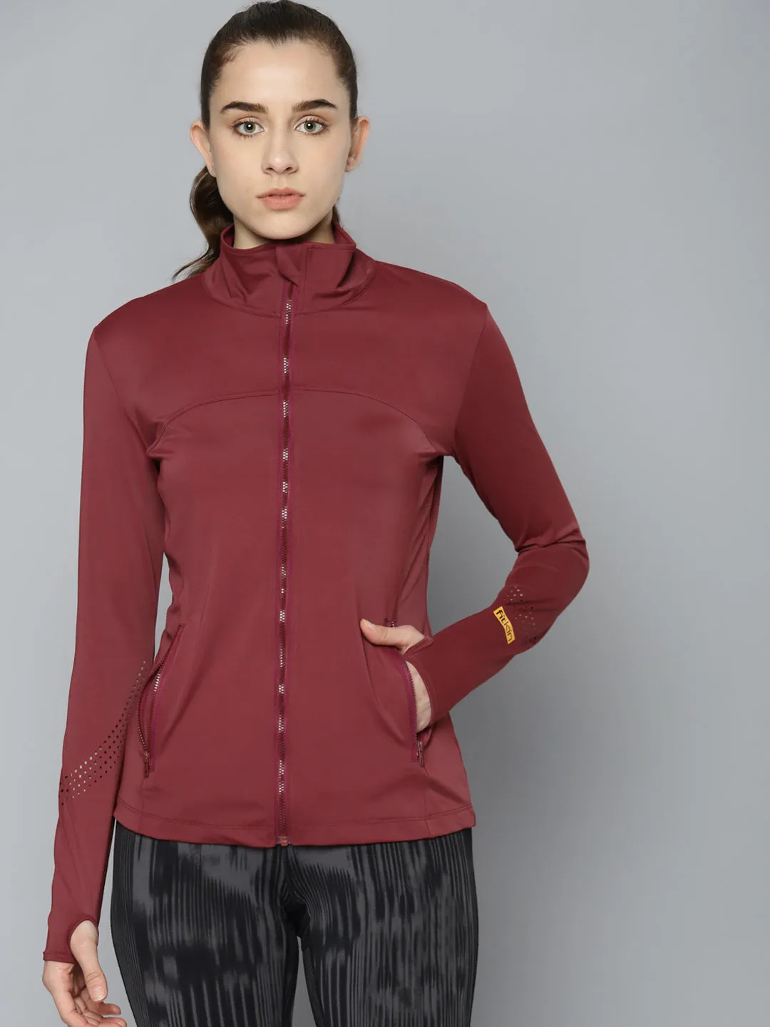 Women's Maroon Laser Cut Solid Training Sporty Jacket