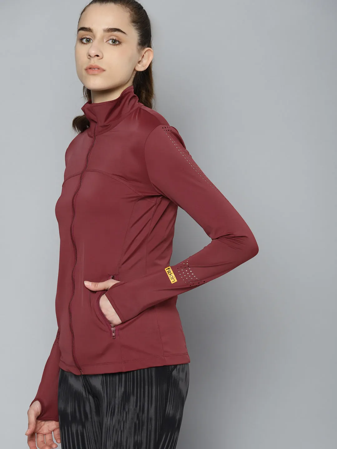 Women's Maroon Laser Cut Solid Training Sporty Jacket