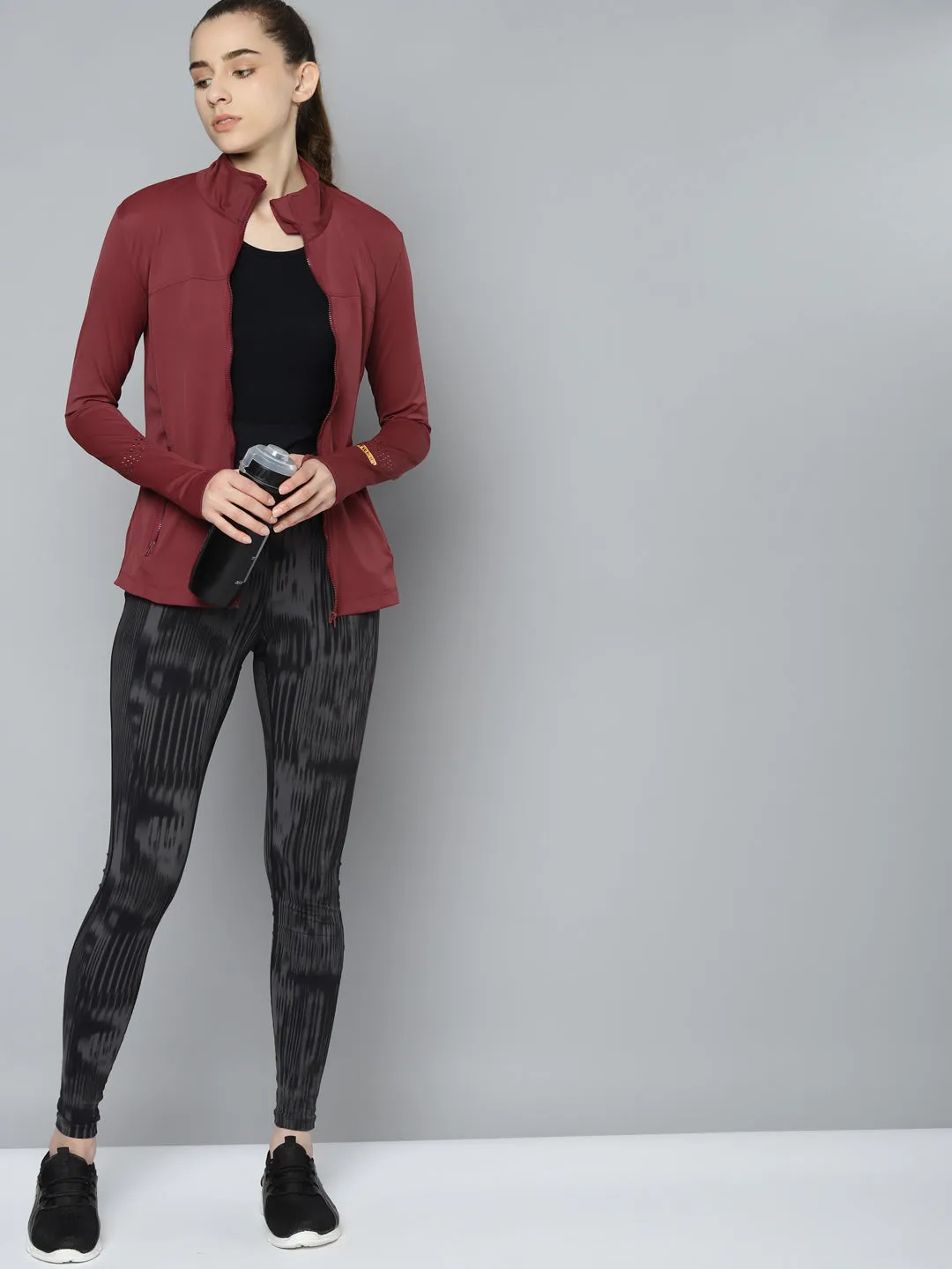Women's Maroon Laser Cut Solid Training Sporty Jacket