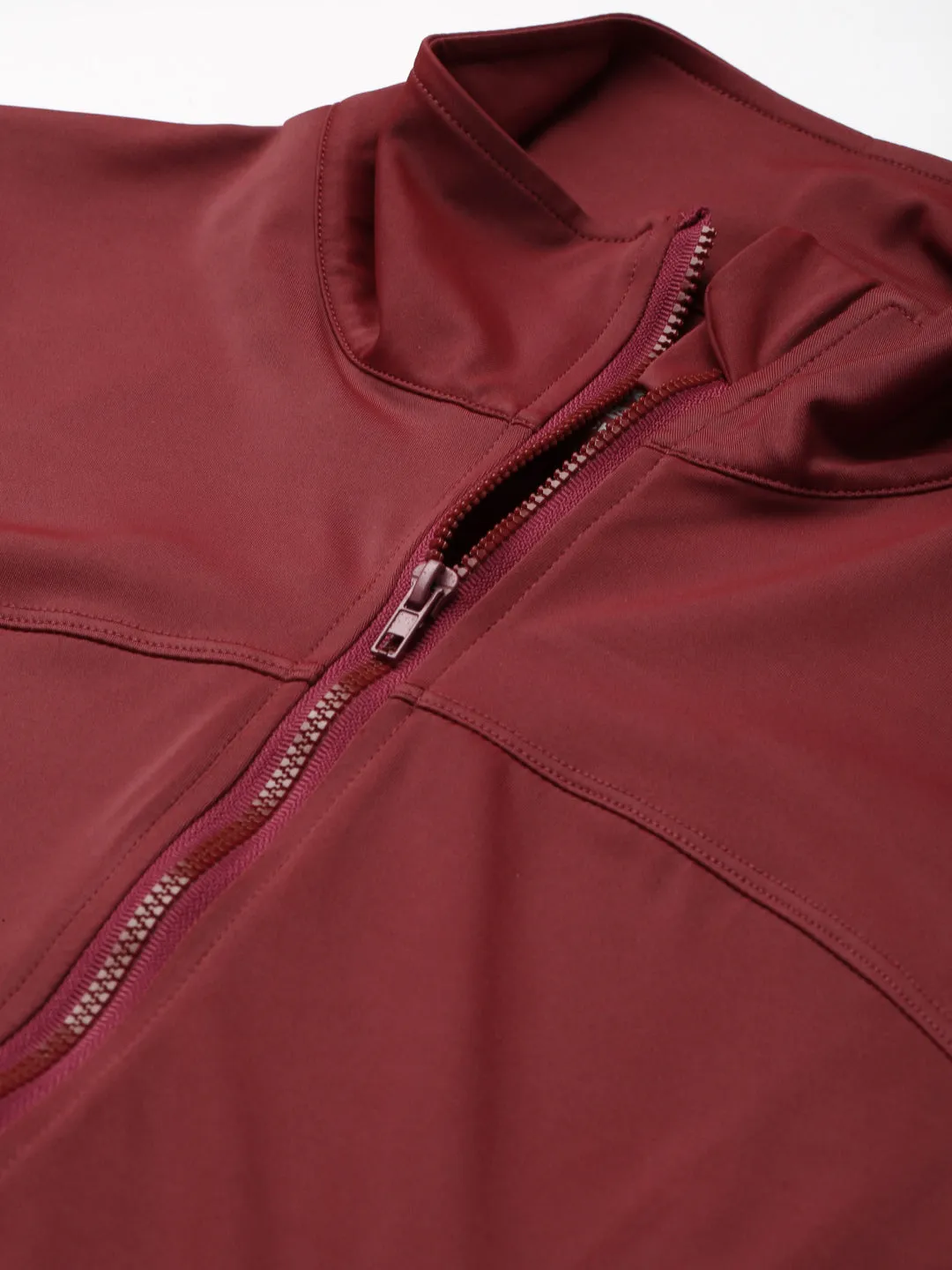 Women's Maroon Laser Cut Solid Training Sporty Jacket